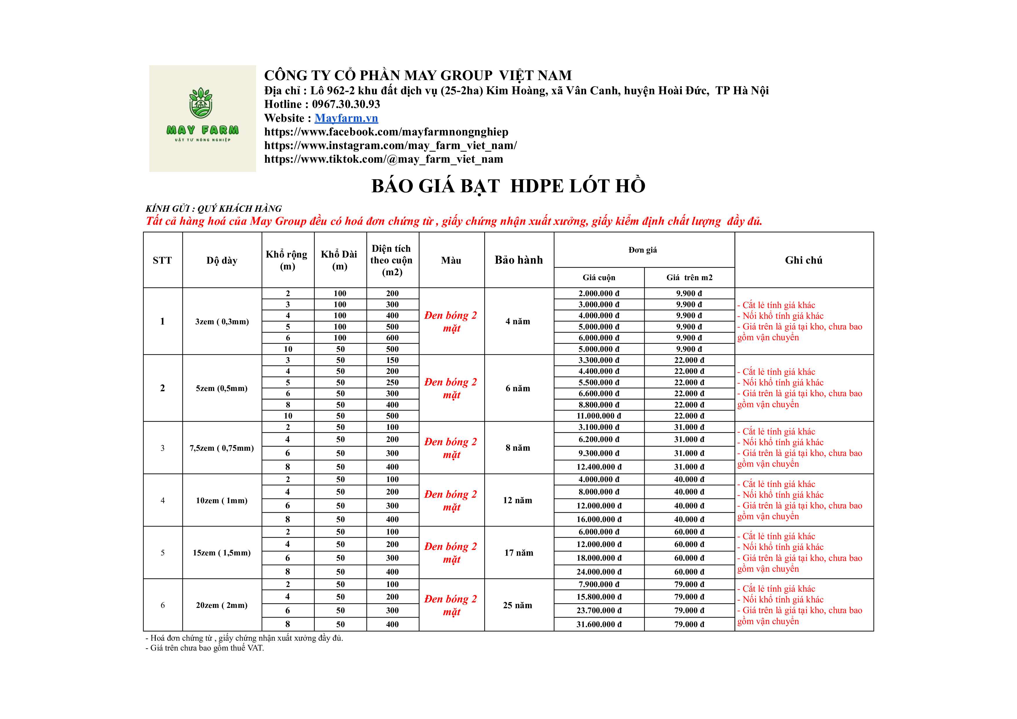 Bảng giá của Bạt HDPE 0.5mm