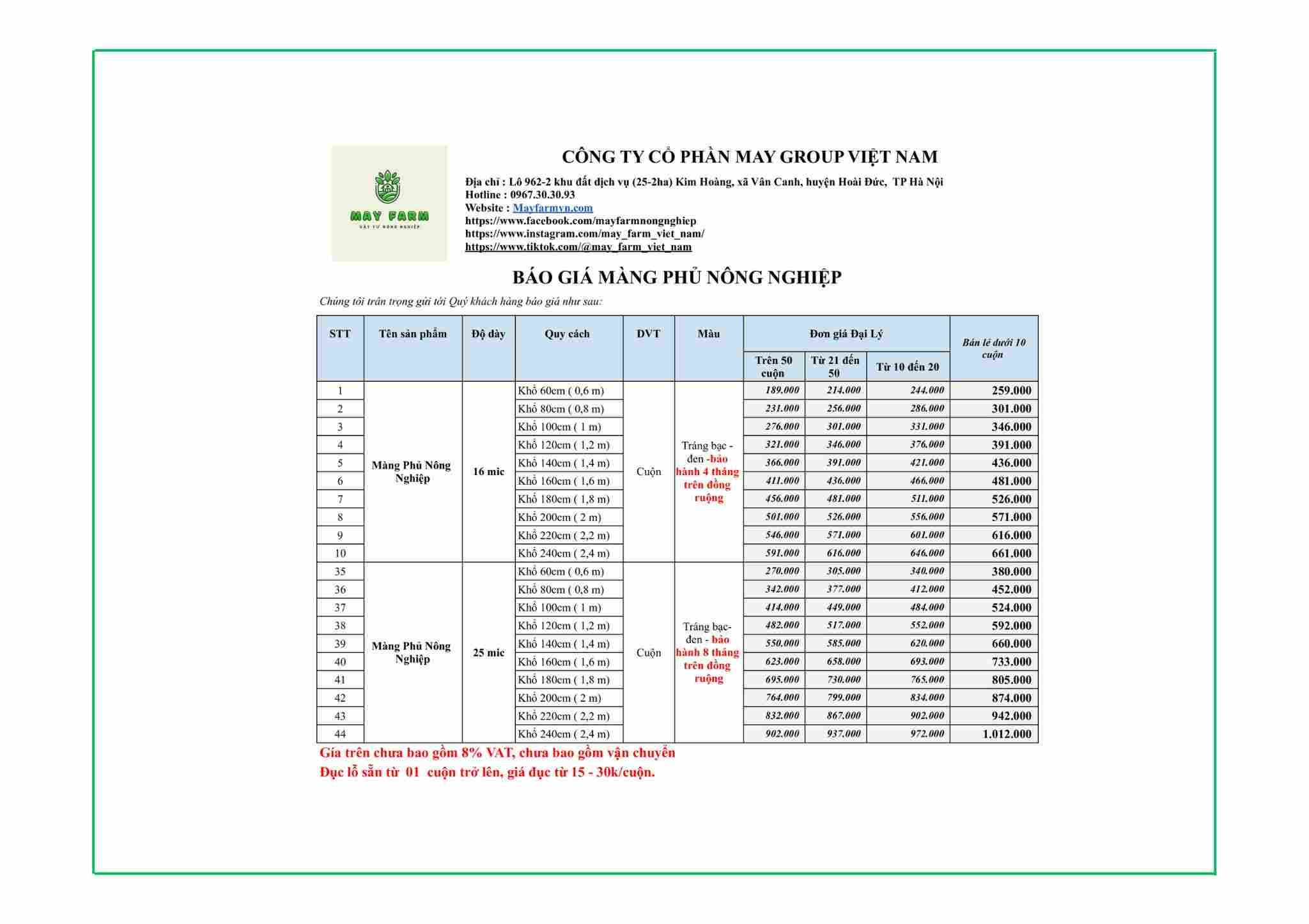  Bảng giá của màng phủ nông nghiệp 