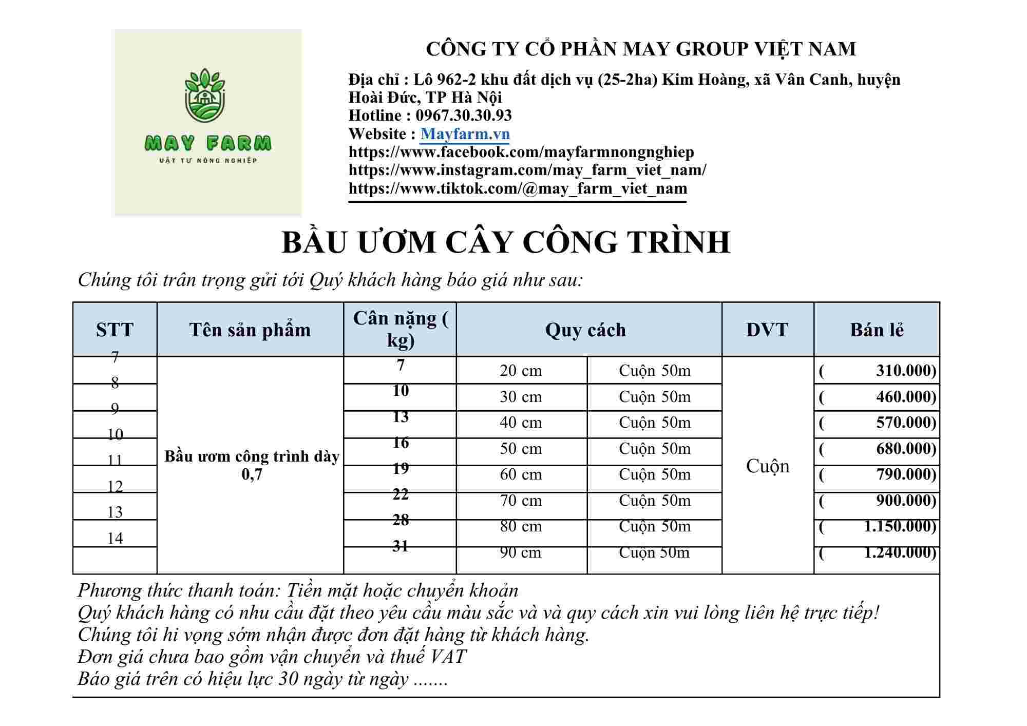 Bảng báo giá bầu ươm V6 hôm nay